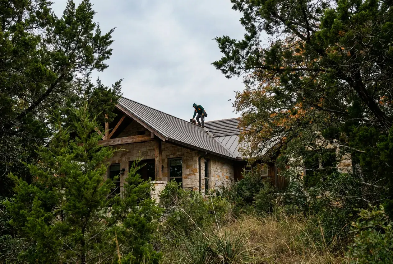 A roofer checking the edge of an Austin hill country roof