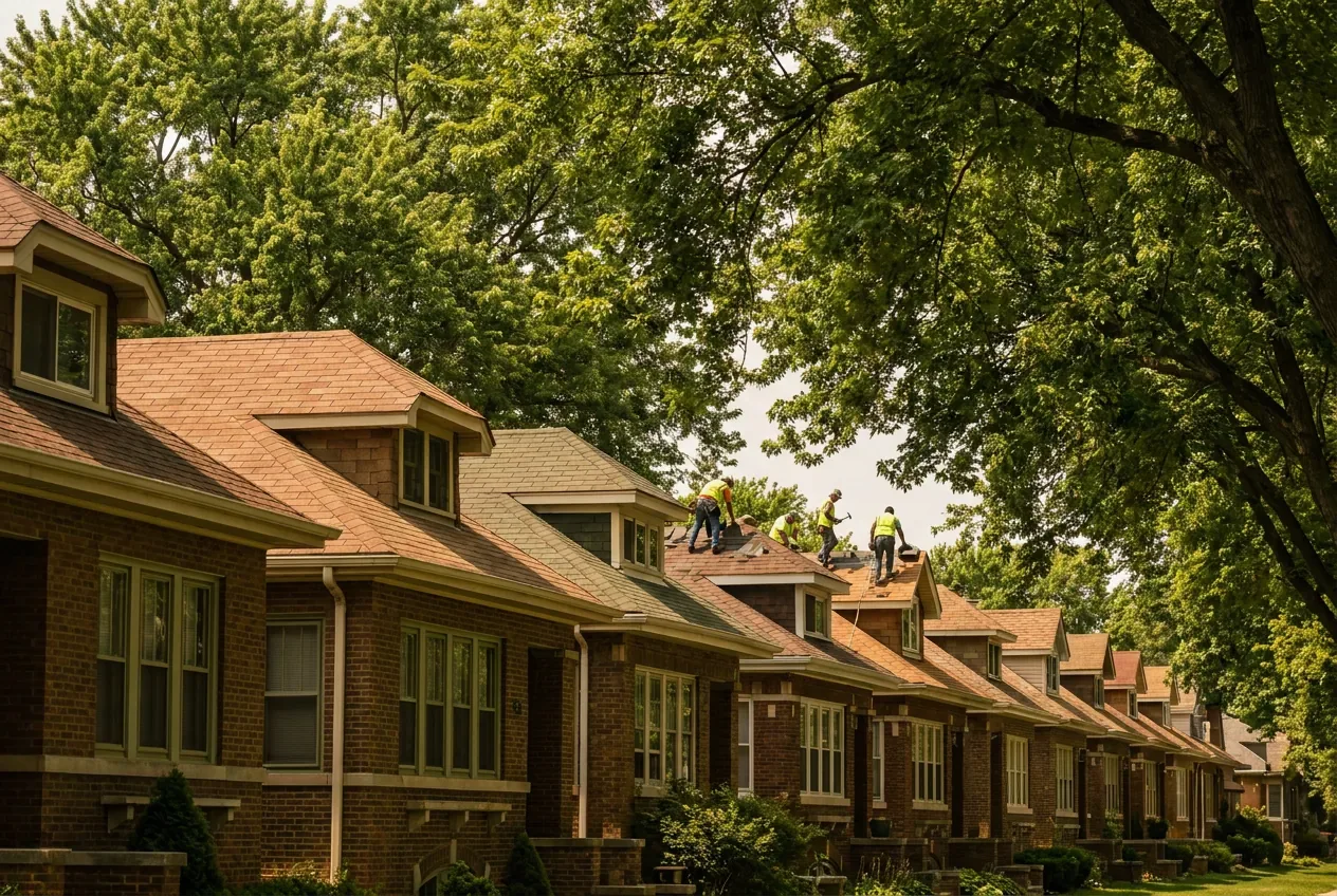 Brick bungalows with pitched shingle roofs on a Chicago street