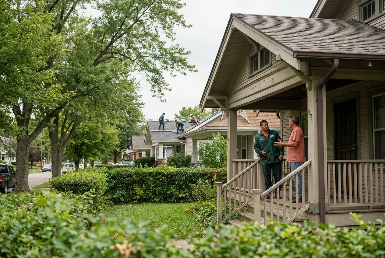 A homeowner and a roofer talking on a front porch