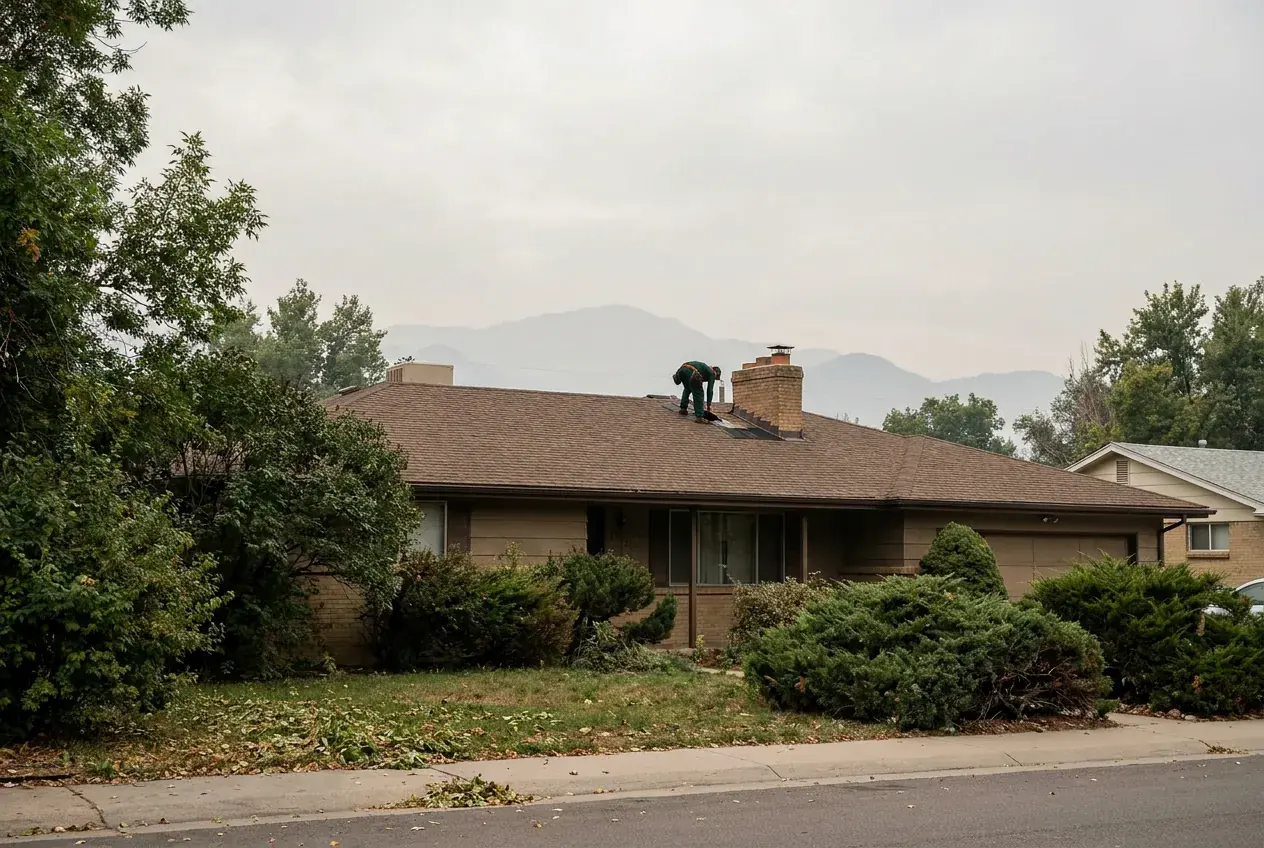 A roofer patching shingles on a Denver ranch house