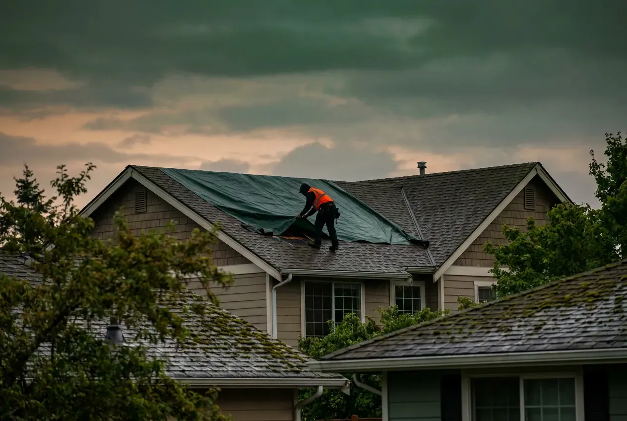 A roofer securing a tarp over storm damage in evening light