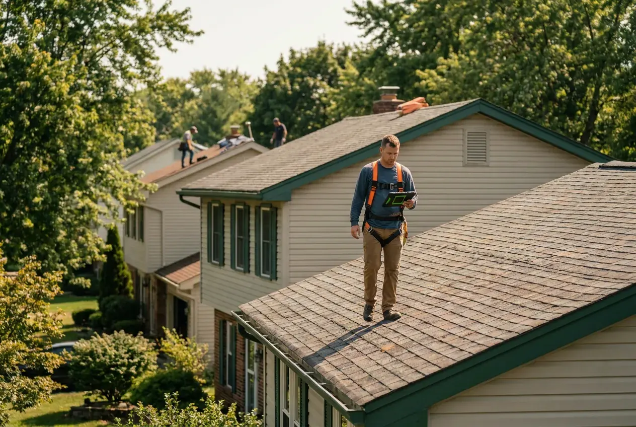 A roof inspector walking a shingle roof with a tablet