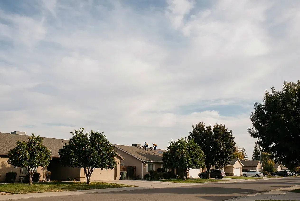 Single story Fresno homes with shingle roofs under a wide sky
