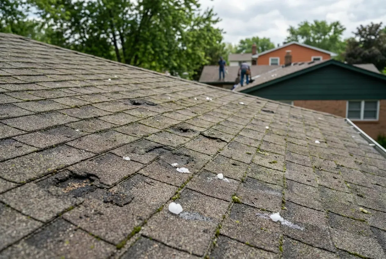 Asphalt shingles bruised by hail with small hailstones on the roof