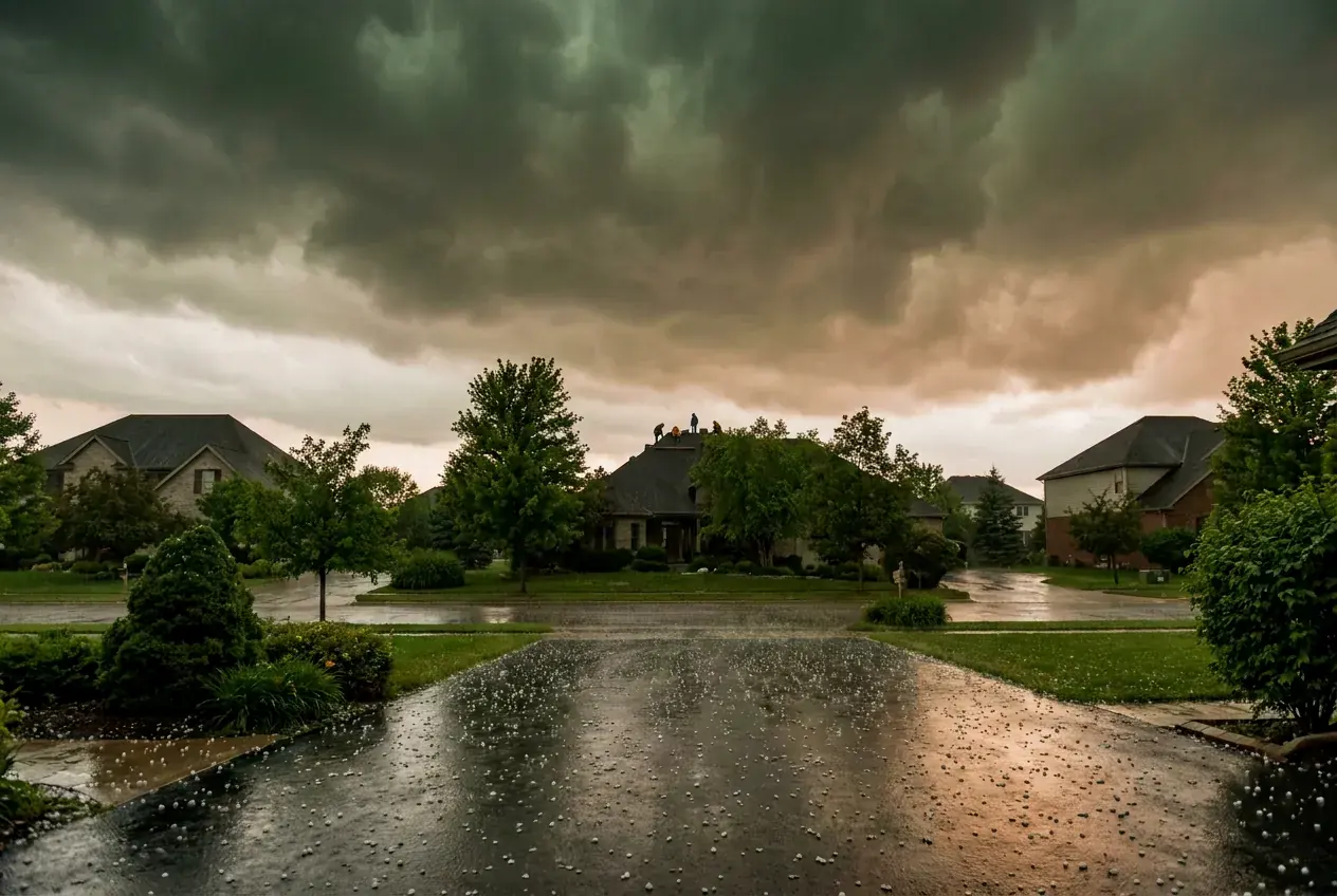 Dark hail clouds over a suburban street with hail bouncing on the driveway