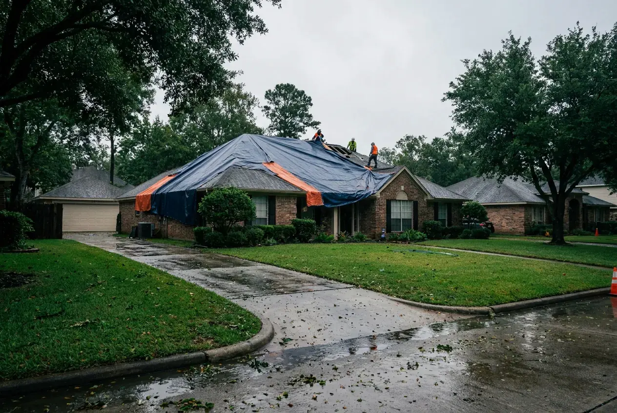 A Houston house with a tarp over a storm-damaged section of roof
