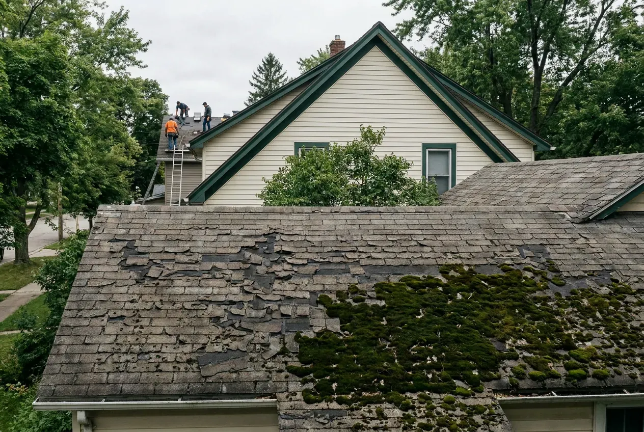 An old shingle roof with curled shingles and moss patches