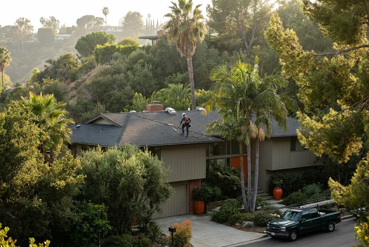 A roofer repairing a shingle roof on a Los Angeles hillside house