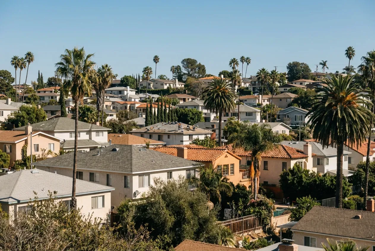 Hillside Los Angeles homes with shingle and tile roofs and palm trees