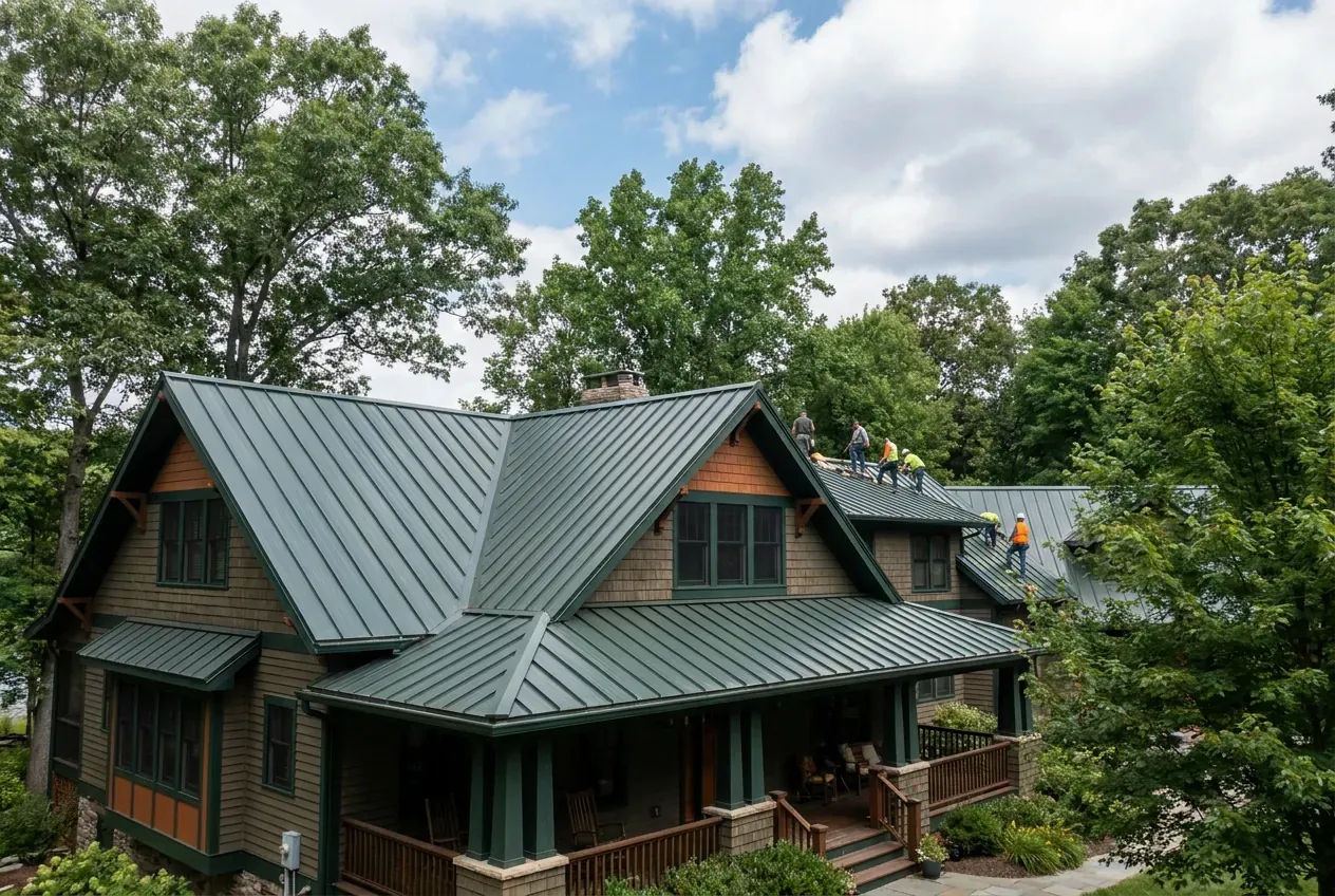 A family home with a dark green standing seam metal roof