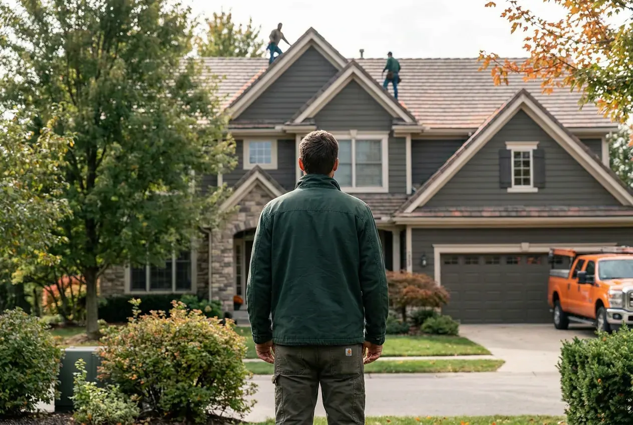 A homeowner in the front yard looking up at the roof