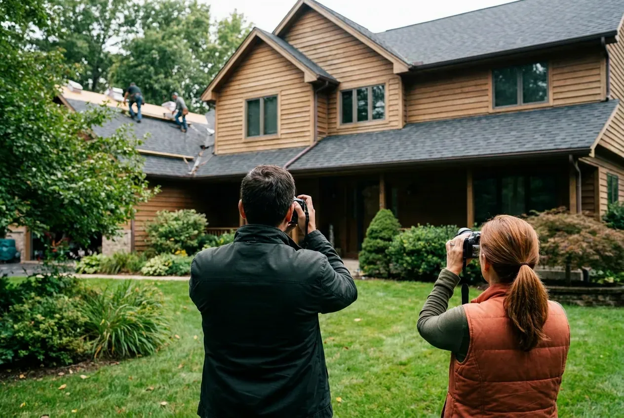 An adjuster and a homeowner photographing a roof from the front lawn