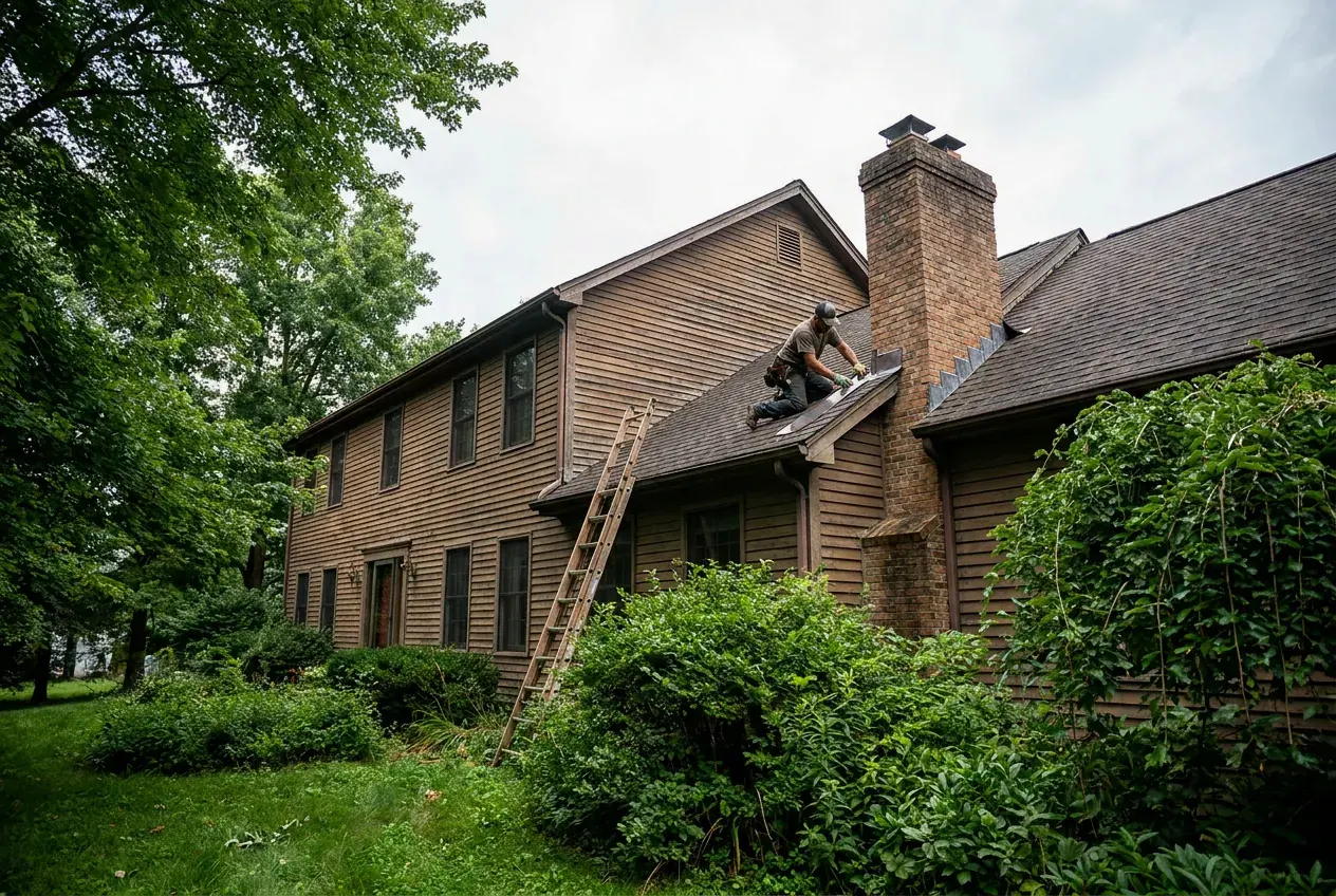 A ladder against a house and a roofer fixing flashing at a brick chimney