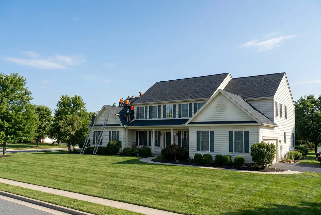 A two story house with fresh new shingles and a neat lawn