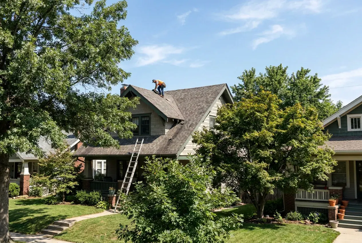 A roofer on a shingle roof checking for hail damage