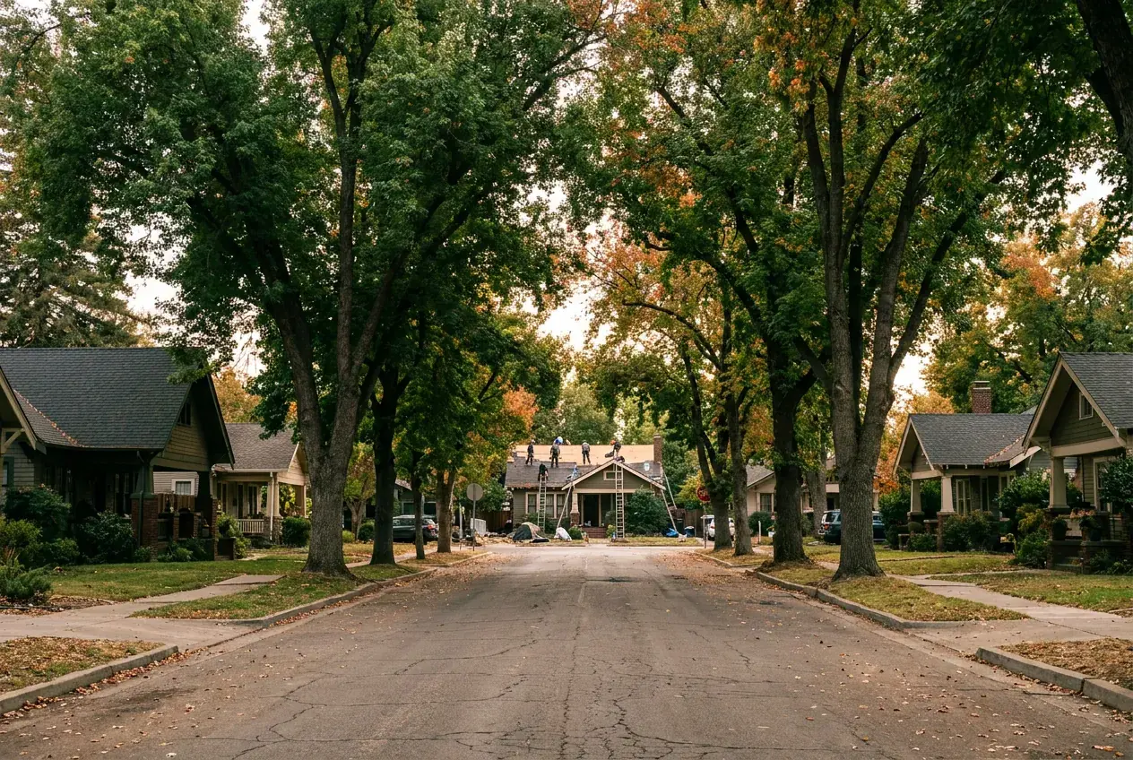A tree-lined Sacramento street of bungalows with shingle roofs