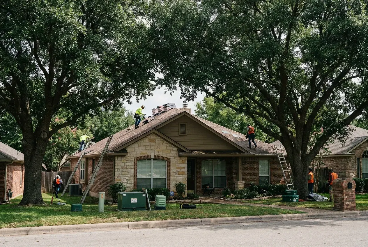 Roofers working on a limestone house in San Antonio