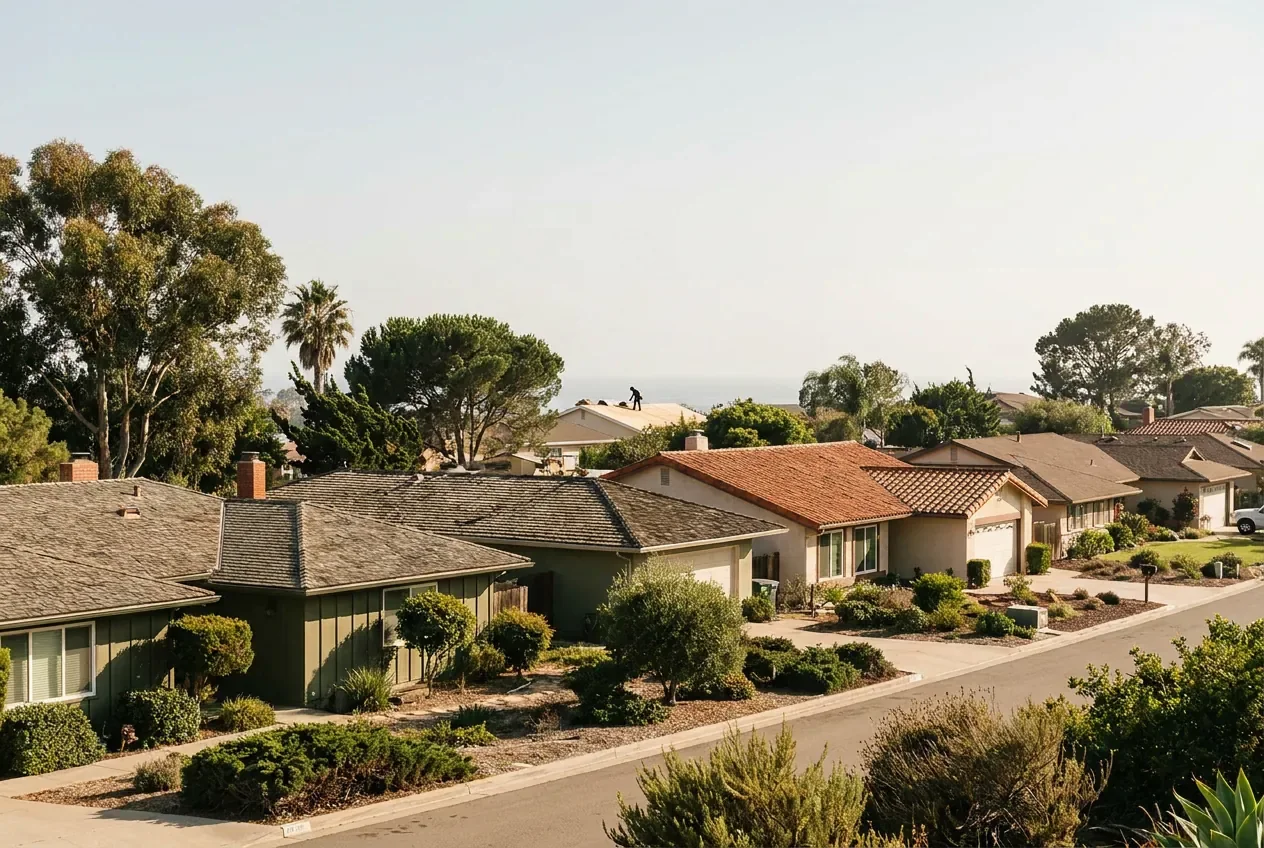 Coastal San Diego homes with tile and shingle roofs