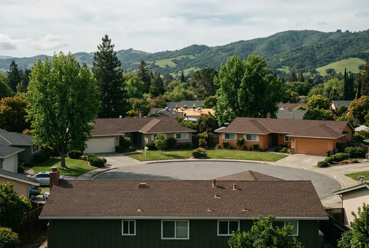 A San Jose cul-de-sac of ranch houses with shingle roofs