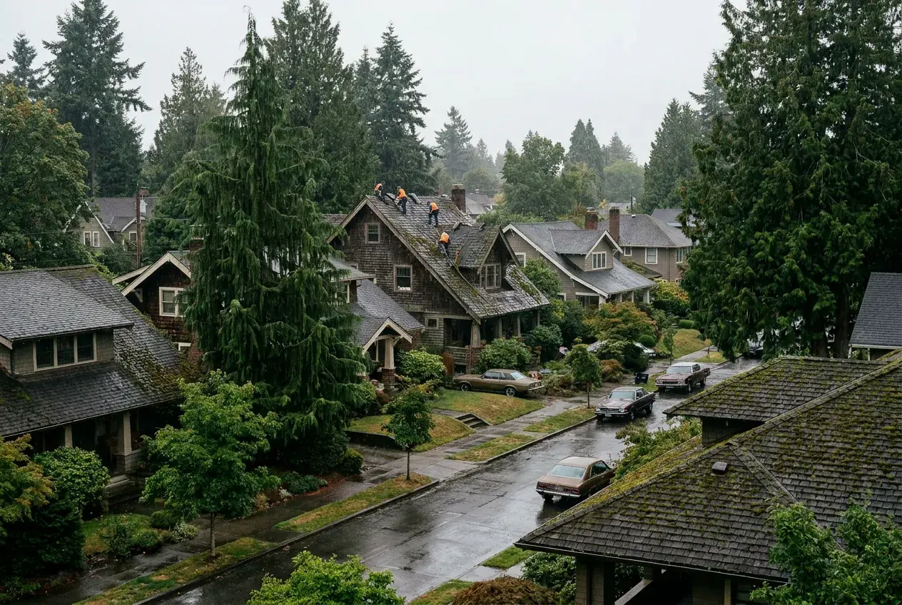 A wet Seattle street with craftsman houses and dark shingle roofs