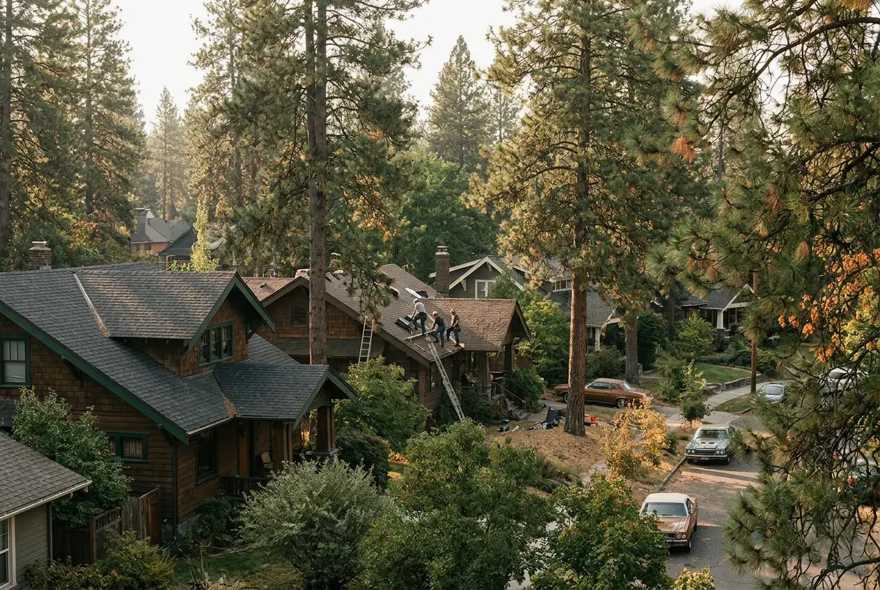 Spokane houses with shingle roofs among pine trees